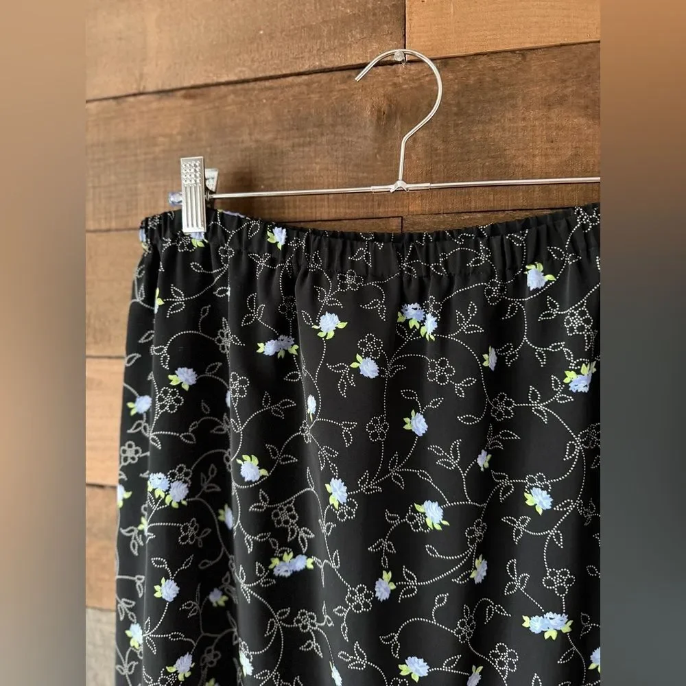Vintage Sag Harbor Black Floral Midi Skirt Y2K Cottagecore